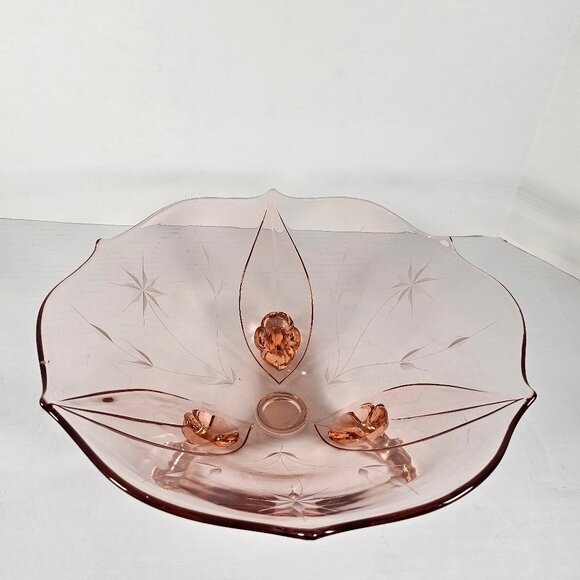 Jubilee Lancaster Pink Depression Large Glass Bowl Vintage Etched Floral Footed - Picture 3 of 13
